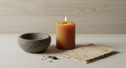 Serene Still Life: Lit Candle, Stone Bowl, and Handmade Paper on Neutral Surface
