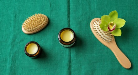 Serene Still Life: Orchid, Brushes, and Jars on Green Linen