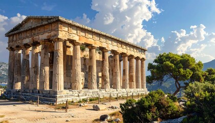 An ancient temple,  a testament to historical architecture, stands majestically against a backdrop of a serene, mountainous landscape.