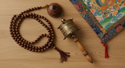 Serene Still Life: Prayer Beads, Wheel, and Thangka on Wood Surface