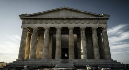 Obraz premium Majestic Temple of Hephaestus in Athens Bathed in Golden Hour Light, Showcasing Ancient Greek Doric Architecture and Detailed Marble Frieze Against a Serene Sky
