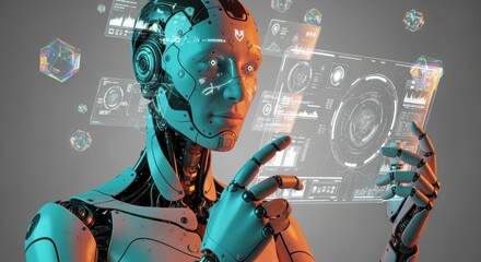 Humanoid Robot Analyzing Data on a Holographic Screen