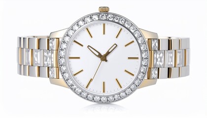 Elegant Gold and Silver Watch with Sparkling Crystals on a White Background