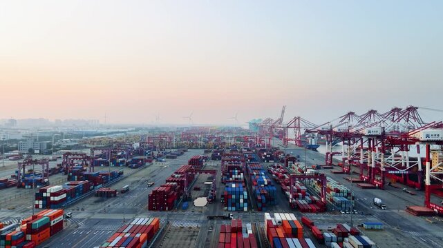 Aerial view of the cargo terminal of Tianjin Port at dusk