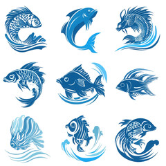 Obraz premium Collection of blue stylized fish icons and logos.