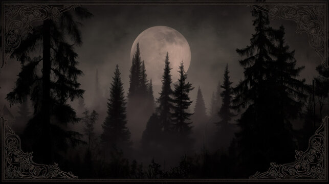 Full moon rising over pine-tree silhouette in misty gothic forest, candlelight glow beneath, deep forest green and aubergine twilight - Powered by Adobe