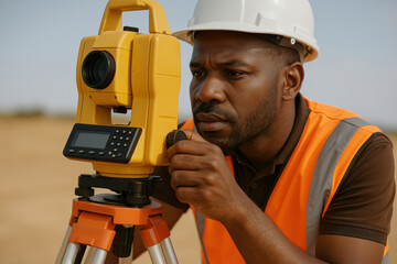 Focused construction worker adjusting yellow theodolite on tripod at outdoor site, wearing safety helmet and high visibility vest