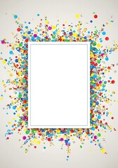 Bright confetti explosion frames a pristine white template, perfect for party invitations, festive announcements, or greeting cards