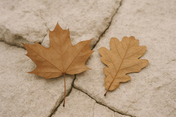 Dry autumn maple and oak leaves resting on cracked textured stone surface outdoors in seasonal fall setting