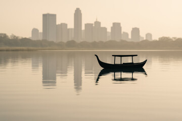 Traditional wooden boat floating on calm lake with urban skyline and skyscrapers in the misty background at sunrise