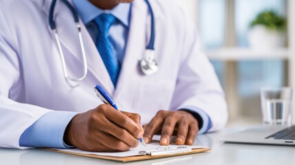 Doctor in a white coat writing notes in a medical office with a laptop and glass of water in the background