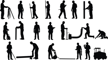 Silhouette illustration of construction workers with tools, building equipment, heavy machinery, labor workforce, industrial engineering, teamwork, infrastructure development, occupational safety