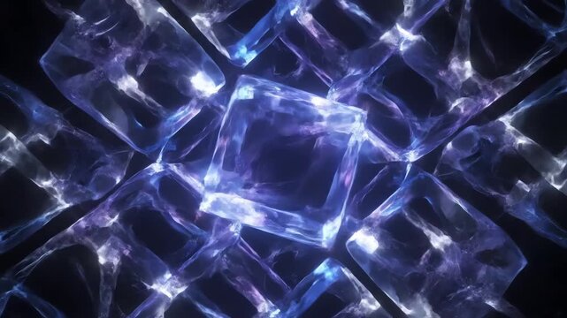 Shifting light cubes dynamically form and dissolve into intricate abstract patterns in a seamlessly looping video optical, presentation, loopable