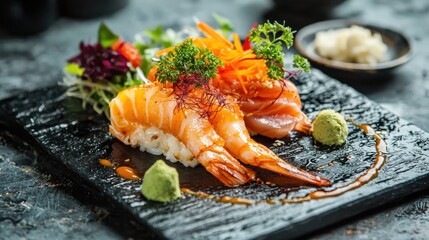 A beautifully plated sushi dish with salmon and shrimp on a black stone plate, garnished with fresh vegetables and a dollop of wasabi.