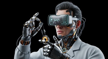 Futuristic Cyborg Researcher Working in Virtual Reality