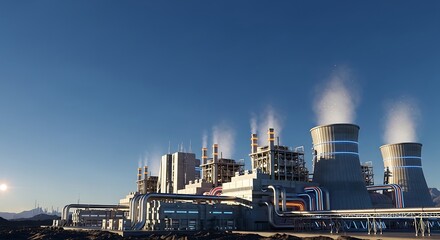 Massive industrial power generation facility featuring multiple cooling towers releasing steam into the atmosphere under a bright sky, symbolizing energy production and environmental considerations