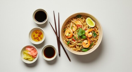 Shrimp Lo Mein Bowl with Condiments and Chopsticks on White Background