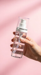 Clean Skincare Product Photography with Hand Holding Cosmetic Tubes, Jars, Droppers, Pumps, and Beauty Tools on Minimal Pastel Background