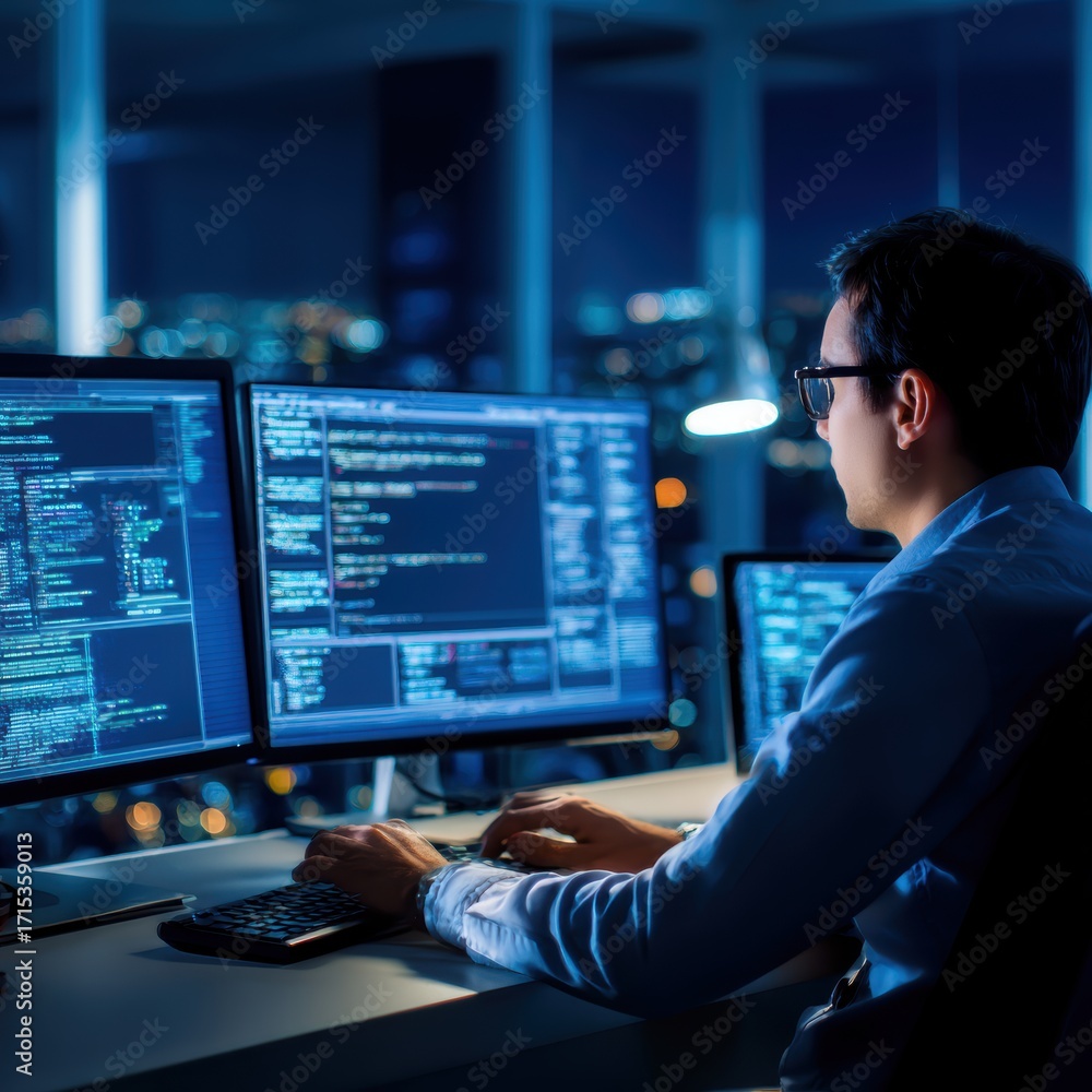 Poster programmer working late at night with multiple monitors displaying code in a modern office overlooki