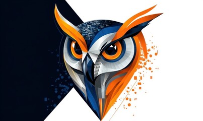 Geometric and abstract illustration of an owl with sharp angular lines in vibrant orange, blue, black, and white against a split black and white background, evoking intensity and focus