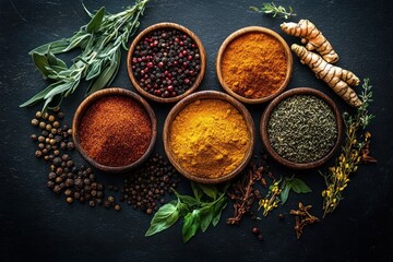 Top view of colorful spices and herbs displayed in wooden bowls on dark background, including turmeric, peppercorns, chili powder, and various leafy and dried herbs