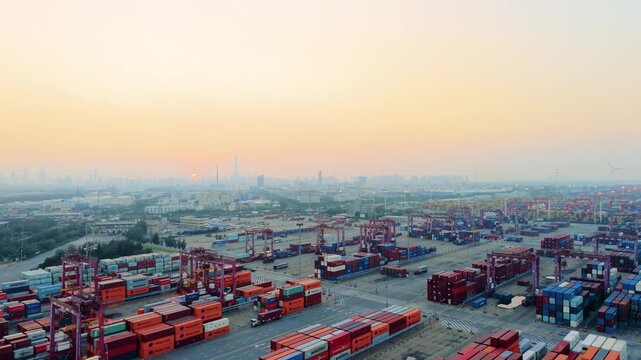 Aerial view of the cargo terminal of Tianjin Port at dusk
