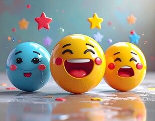 Three expressive emoji faces, one laughing, one crying, and another smiling, against a backdrop of colorful stars and a subtly reflective surface, creating a joyful and playful visual.