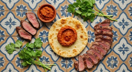 Sliced Grilled Beef Steak with Red Pepper Dip and Flatbread on a Tiled Surface