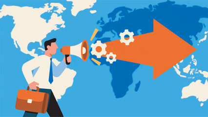 Illustration Of A Worker Carrying A Loudspeaker Showing Gears And Arrows With A Map Background Vector Design Template