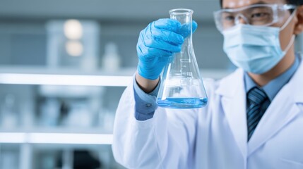 Fototapeta premium Scientist in laboratory holding a flask with blue liquid, focused on experiment with equipment in background