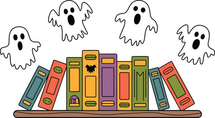 Halloween ghosts floating above colorful books on a shelf