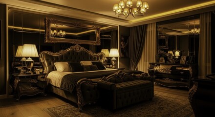 Luxurious and Ornate Master Bedroom with Warm Golden Lighting and Mirrored Walls, Featuring Classic Gilded Furniture and a Tufted Bed.