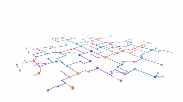 Dynamic abstract visualization featuring a network of interconnected spheres and lines, rendered in a gradient of blue, purple, and orange, on a clean white background with subtle lighting.