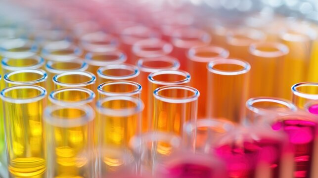 Test tubes with colored liquids in a laboratory setting.
