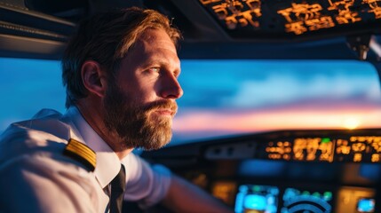 Focused pilot navigating an aircraft during sunset, showcasing cockpit instruments and scenic horizon