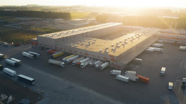 Logistics Sorting Complex at Sunset | Aerial View of Modern Freight Terminal with Semi-Trailer Truck at Ramps | Industrial Large Scale Cargo Distribution Hub Operations