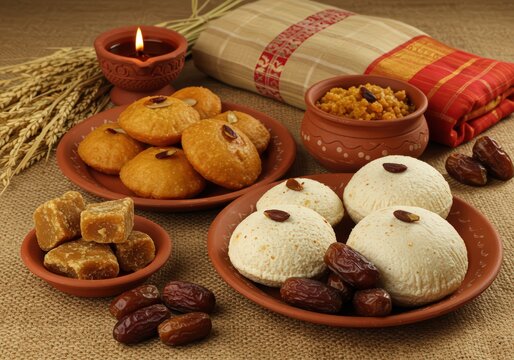 Still life of traditional indian sweets including pantua and rasgulla arranged on plates with dates