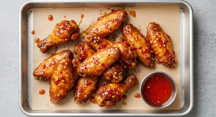 Spicy Sweet Chili Glazed Chicken Wings on a Baking Tray with Dipping Sauce