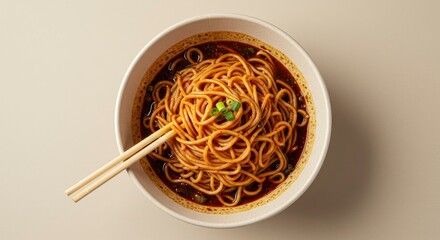 Spicy Dan Dan Noodles in Bowl with Chopsticks, Top-Down View, Beige Background