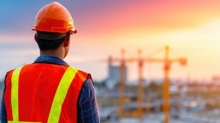 Construction worker in safety gear observing a sunset over a city skyline with cranes in the background