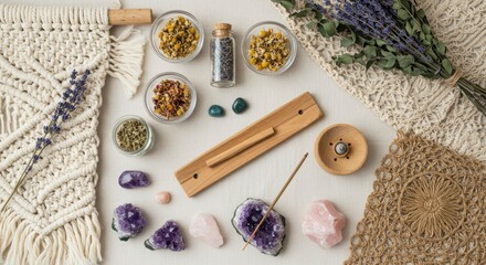 Spiritual Self-Care Ritual with Healing Crystals and Dried Herbs