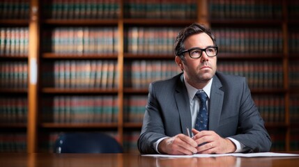 A thoughtful lawyer in a formal suit sits at a desk, contemplating a case in a law library filled with books