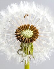Close-up view of a dandelion seed head, showcasing the intricate details of its fluffy seeds radiating outwards from a central cluster of tiny, brown seeds.