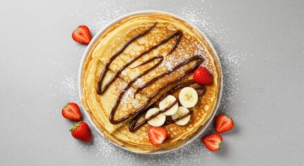 Stack of delicious crepes with chocolate sauce, fresh strawberries, and banana slices.