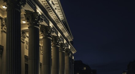 Grand Neoclassical Building Facade with Ornate Illuminated Columns Against a Deep Blue Night Sky