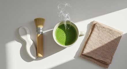 Steaming Hot Matcha Green Tea with Traditional Japanese Utensils