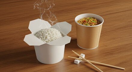 Steaming Rice and Noodles: Takeout Meal on Wooden Table, Close-Up.