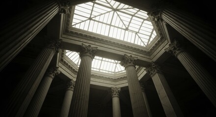 Grand Classical Interior with Soaring Fluted Columns and Ornate Skylight, Bathed in Dramatic Light