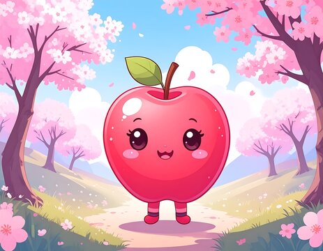 Cute apple character in a spring landscape