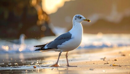 A serene seagull strolls along the sandy shoreline at sunrise, bathed in golden light.